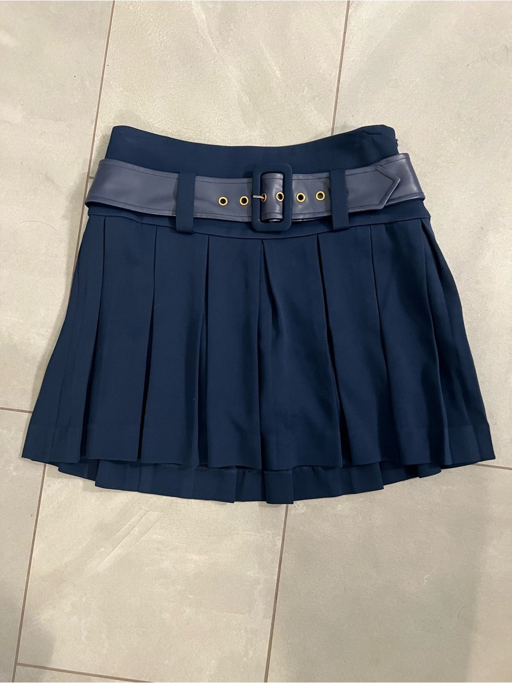Ramy Brook Navy Pleated Mini Skirt with leather Belt